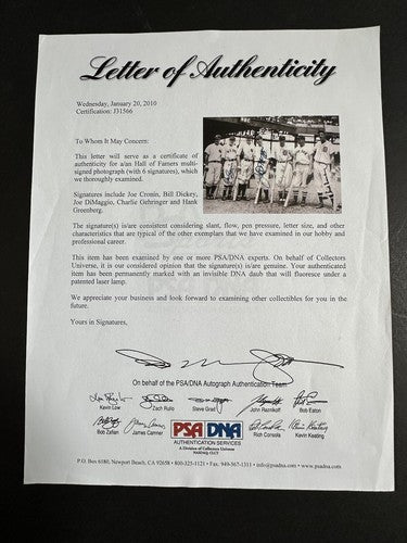 1937 All-Star game Team Signed photo Joe DiMaggio Hank Greenberg 5 Auto Psa Coa