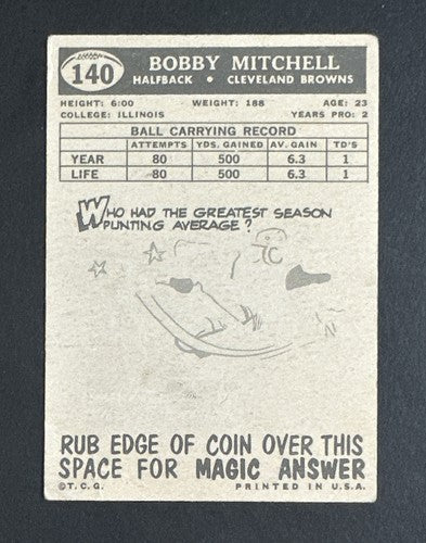 1959 Topps Football #140 Bobby Mitchell HOF Rookie Vg - Ex Centered Browns