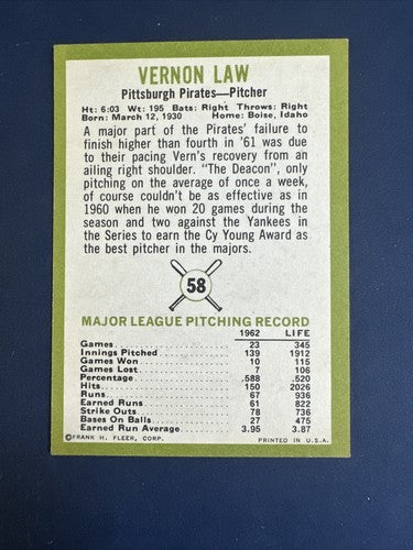 1963 Fleer Vernon Law #58 NM Dead Centered Nice Pittsburgh Pirates
