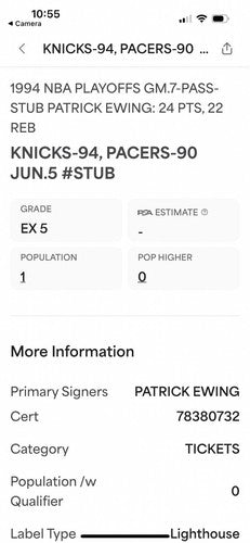 1994 KNICKS Vs PACERS Game 7 FINALS TICKET Media Patrick Ewing Psa 10 Auto 1/1