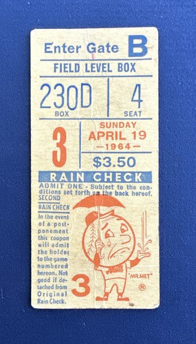 1964 New York Mets 1st Win at Shea Stadium April 19 Ticket Stub vs. Pirates Rare