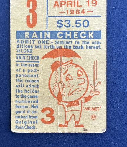 1964 New York Mets 1st Win at Shea Stadium April 19 Ticket Stub vs. Pirates Rare