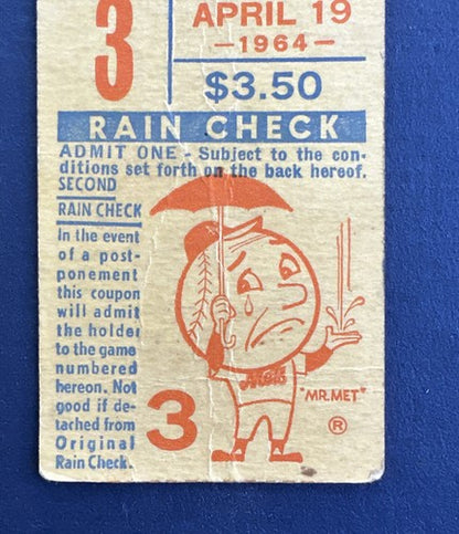 1964 New York Mets 1st Win at Shea Stadium April 19 Ticket Stub vs. Pirates Rare