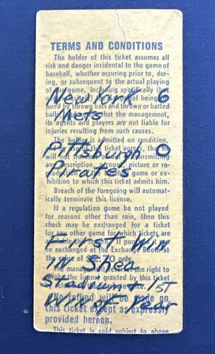1964 New York Mets 1st Win at Shea Stadium April 19 Ticket Stub vs. Pirates Rare