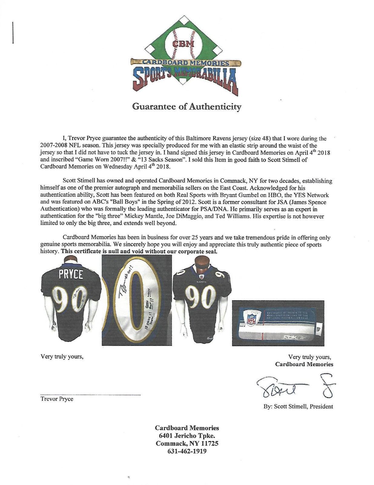 Trevor Pryce 90 signed game used Tag 2007 Ravens jersey 13 sacks Auto Proof Coa