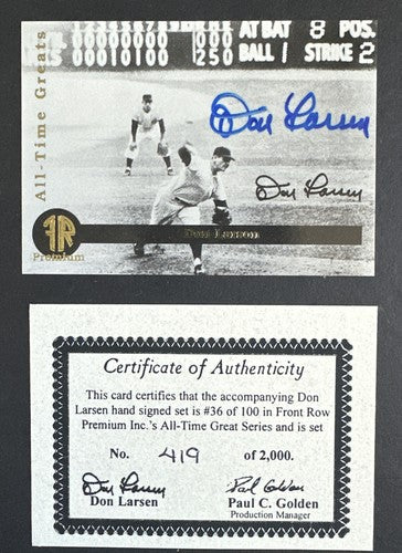1995 Front Row Premium All-Time Greats Don Larsen Mint Perfect Game Ws Auto Coa