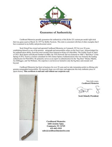 Bobby Nystrom Game Used Koho 221 Custom Pro Model Stick 1977 Islanders CBM COA