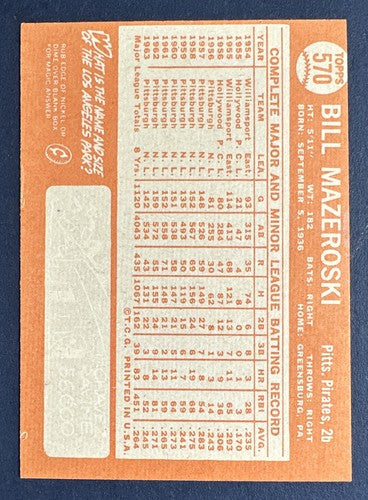 Bill Mazeroski 1964 Topps High #570 NM - Mint Razor Sharp Pack Fresh Hof Pirates