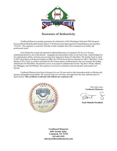 Frank Robinson signed Nationals 2005 Inaugural Logo Baseball Date Auto /50 Coa