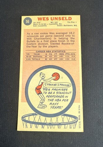 1969-70 Topps #56 Wes Unseld RC ROOKIE NM - Mint Centered Nice Baltimore Bullets