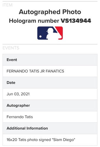 Fernando Tatis Jr Padres Signed 16x20 Photo Slam Diego Autograph Fanatics MLB