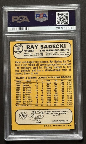1968 Topps  #494Ray Sadecki  PSA 9 MINT Looks Gem Stunning