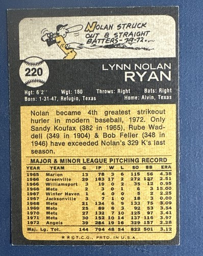 1973 TOPPS #220 NOLAN RYAN ANGELS Nm Nice Set Break Hof