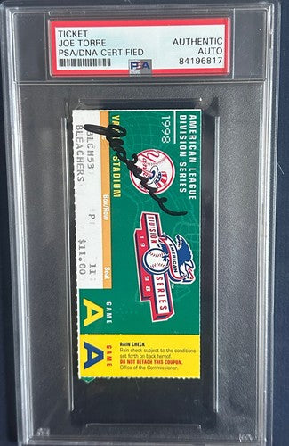 1998 ALDS Ticket Stub Game 1 Yankees Joe Torre Mint Auto Mariano Rivera Save PSA