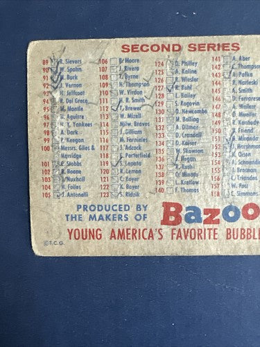 1957 topps baseball checklist 1st & 2nd Series Bazooka Bubble Gum Back  Checked