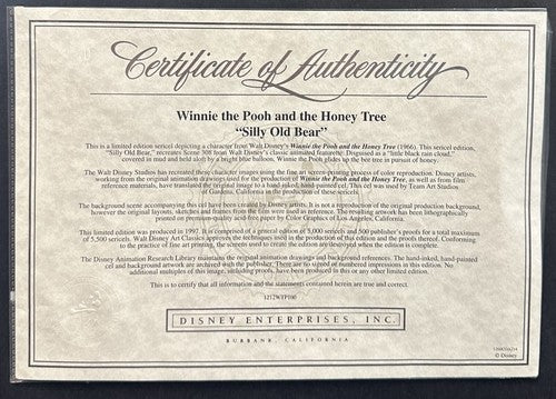 1997 Winnie the Pooh and the Honey Tree Silly Old Bear Framed Sericel Disney COA