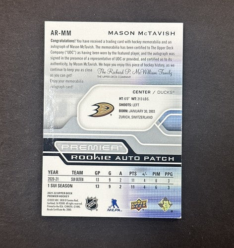 2021-22 Upper Deck Premier Mason McTavish Acetate Rookie Patch Auto /249 Mint