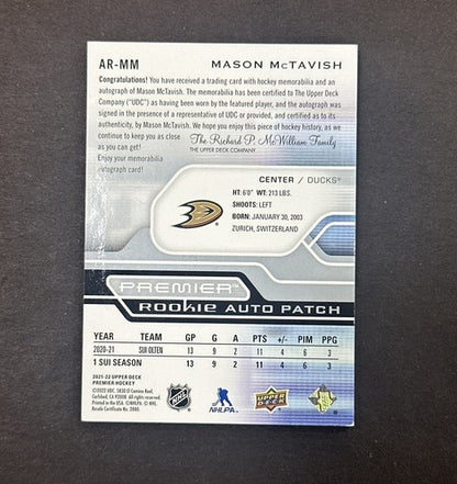 2021-22 Upper Deck Premier Mason McTavish Acetate Rookie Patch Auto /249 Mint
