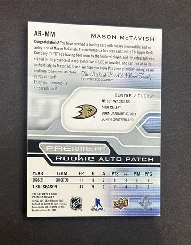 2021-22 Upper Deck Premier Mason McTavish Acetate Rookie Patch Auto /249 Mint