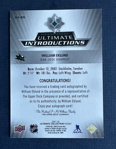 2021-22 Upper Deck Ultimate Introductions William Eklund Mint Auto /10 Sharks