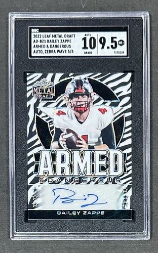 2022 Leaf Metal Draft Bailey Zappe Armed Dangerous Auto Zebra 5/5 SGC 9.5/10 RC