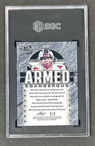 2022 Leaf Metal Draft Bailey Zappe Armed Dangerous Auto Zebra 5/5 SGC 9.5/10 RC