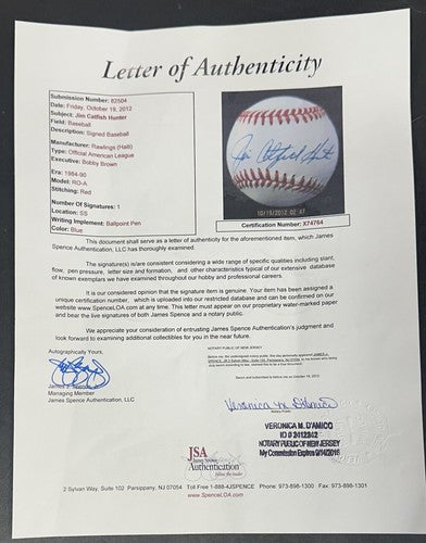 Jim Catfish Hunter Signed Official AL Baseball Yankees Mint Hof Auto JSA LOA