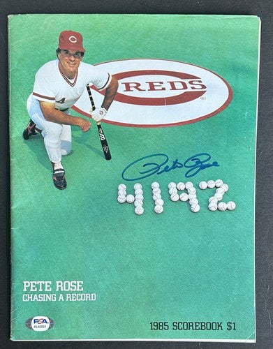Pete Rose Signed 1985 Cincinnati Reds Scorebook Full Magazine 4192 Auto PSA COA