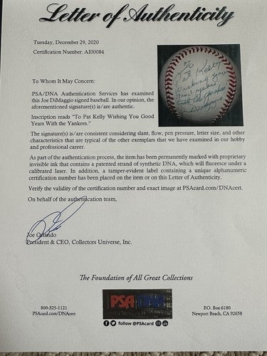 Joe Dimaggio Signed Official  Baseball To Pat Kelly Yankees Player 1/1 Auto Psa