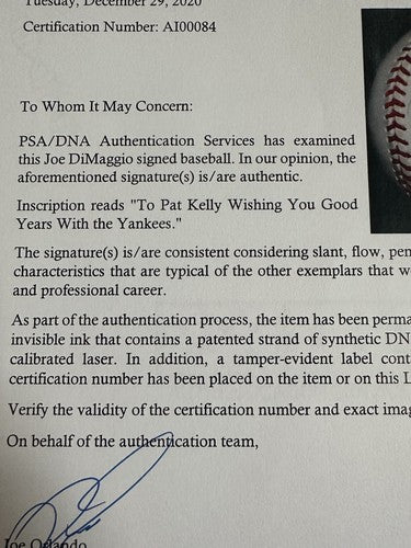 Joe Dimaggio Signed Official  Baseball To Pat Kelly Yankees Player 1/1 Auto Psa