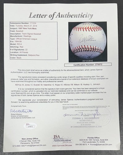 1997 Mets Team Signed AL Baseball 22 Auto Bobby Valentine Mookie Wilson JSA COA