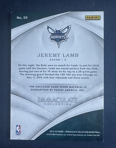 2015-16 Panini Immaculate Team Logos Jeremy Lamb #50 Game Worn Patch Hornets /12