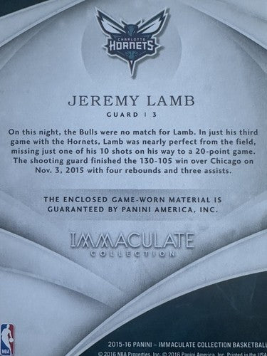 2015-16 Panini Immaculate Team Logos Jeremy Lamb #50 Game Worn Patch Hornets /12