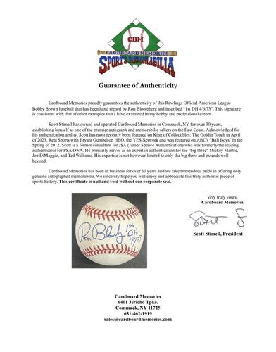 Ron Bloomberg Signed Official AL Baseball Yankees 1st DH 4/6/73 Autograph COA
