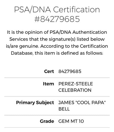 Perez-Steele Celebration Cool Papa Bell Signed PSA 10 Gem Mint Auto Postcard HOF