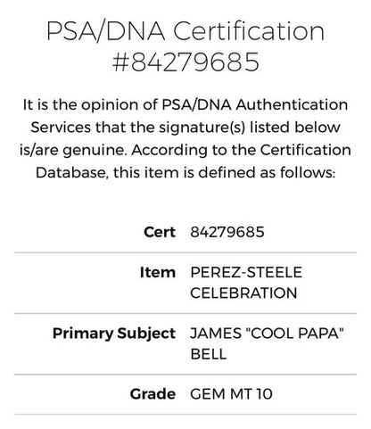 Perez-Steele Celebration Cool Papa Bell Signed PSA 10 Gem Mint Auto Postcard HOF