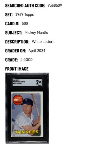 1969 Topps #500 Mickey Mantle White Letters SGC 2 GD Good Last Card Yankees Rare