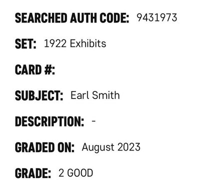 1922 Exhibits Earl Smith SGC 2 GD New York Giants Original Rare Card