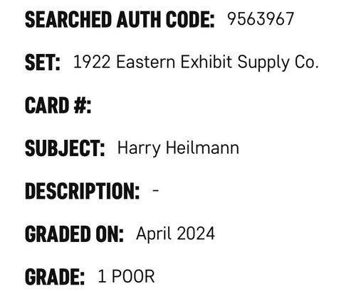 1922 Eastern Exhibit Supply Co. Harry Heilmann Detroit Tigers Postcard SGC 1 PR