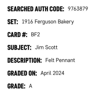 1916 Ferguson Bakery BF2 Jim Scott Gray Felt Pennant SGC Authentic White Sox