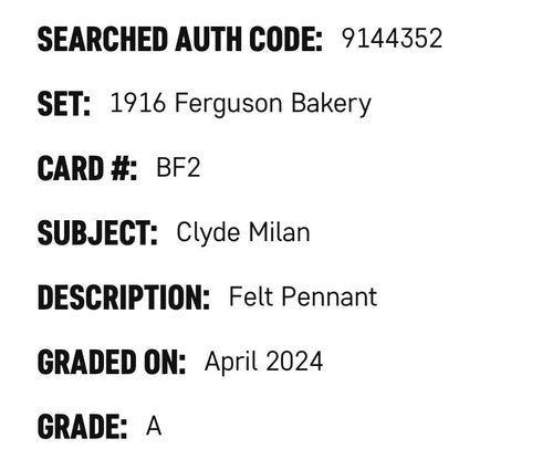 1916 Ferguson Bakery BF2 Clyde Milan Purple Felt Pennant SGC Authentic Senators