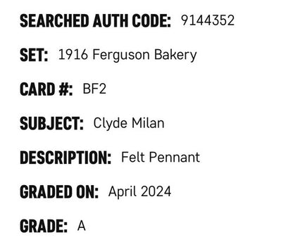 1916 Ferguson Bakery BF2 Clyde Milan Purple Felt Pennant SGC Authentic Senators