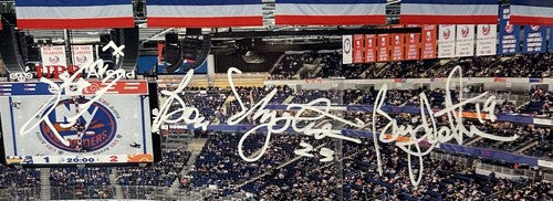 NY Islanders Team Signed Framed UBS Pano Photo Denis Potvin Billy Smith Auto PSA