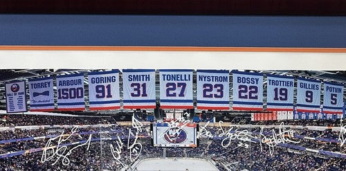 NY Islanders Team Signed Framed UBS Pano Photo Denis Potvin Billy Smith Auto PSA