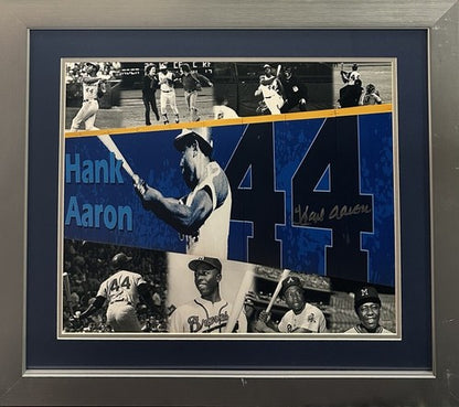 Hank Aaron Signed 16x20 Framed Career 715 Photo Braves Auto Steiner COA HOF