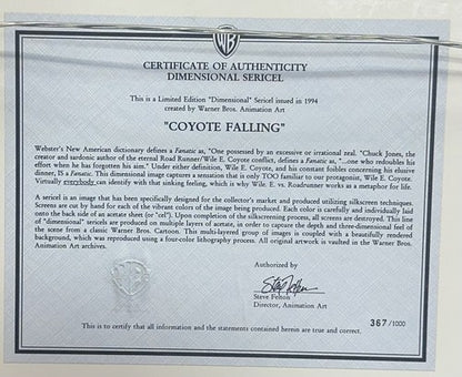 Wile E Coyote Falling Framed Chuck Jones Dimensional Sericel Art LE Warner Bros
