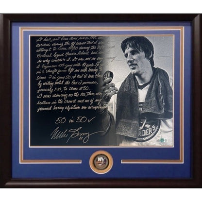 Mike Bossy Signed 16x20 Framed Photo 50 Goals Story Board Auto Islanders BAS COA