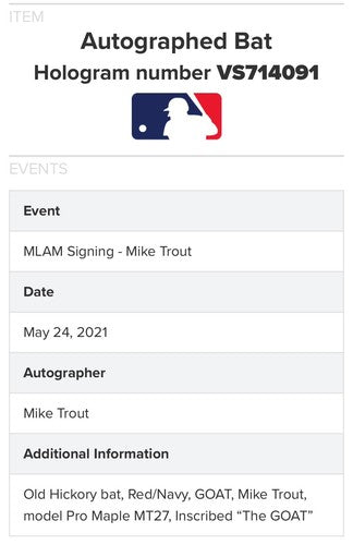 Mike Trout Signed Old Hickory Pro Maple MT27 Bat The Goat Auto Angels MLB Coa