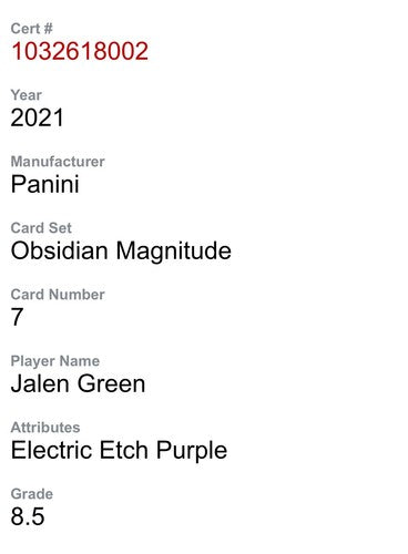 2021 Panini Obsidian Magnitude Jalen Green Rookie Purple Etch CSG 8.5 Mint /75