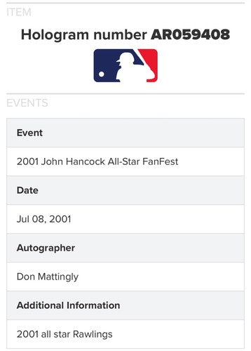 Don Mattingly Signed Official 2001 All Star Game Baseball Yankees Auto MLB COA
